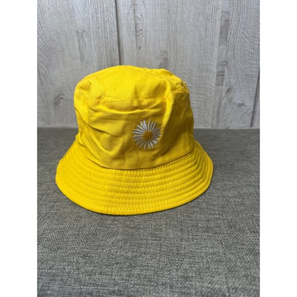 Reversible Yellow & White Bucket Hat W/ Embroidered Daisy Design Cotton Blend - Picture 3 of 4